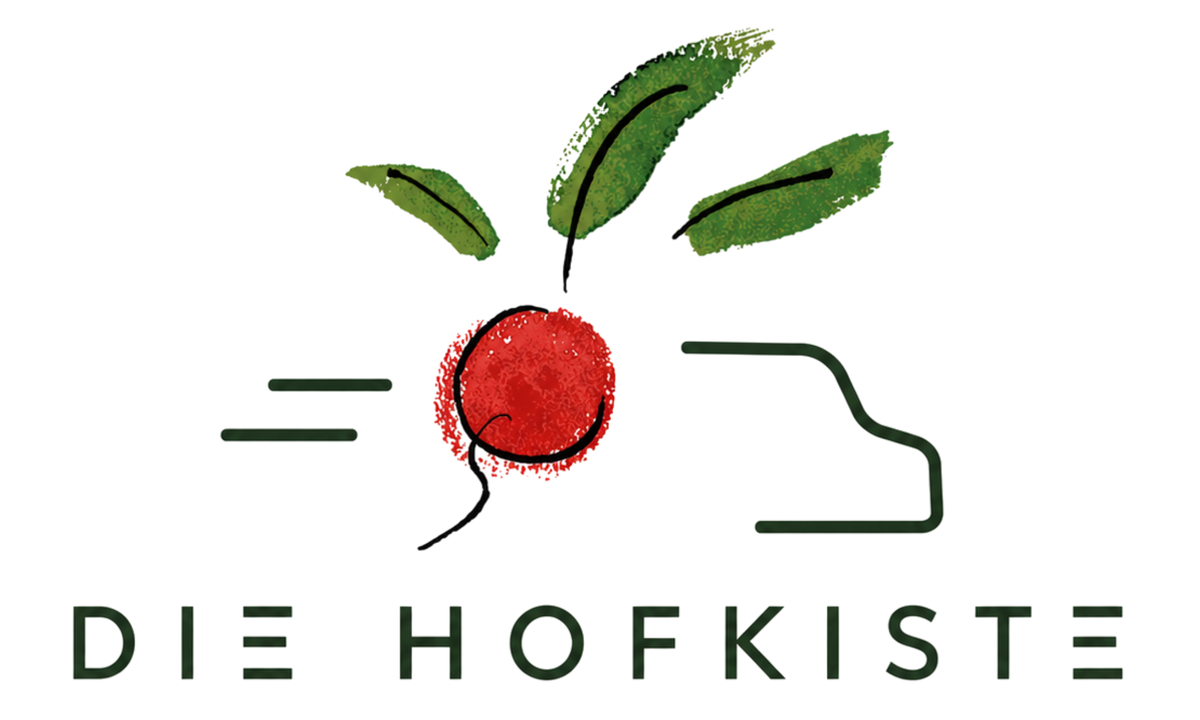 KI generiert: Ein Logo mit einem stilisierten Gemüse und dem Text "DIE HOFKISTE".