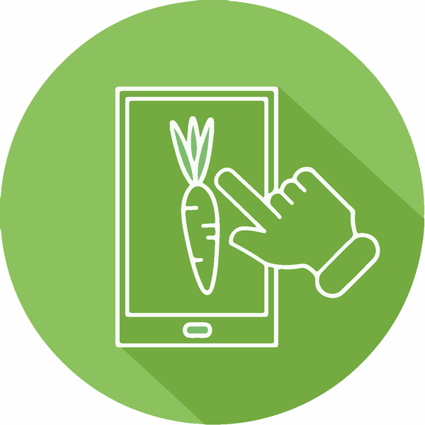 ymbolgrafik eines Smartphones mit einer Karotte und einer Hand – steht für Onlinebestellung von Bio-Lebensmitteln.