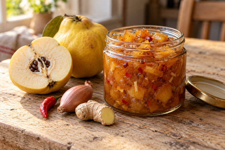 Quitten-Chutney im Glas mit frischen Quitten, Chili, Schalotte und Ingwer auf einem Holztisch.