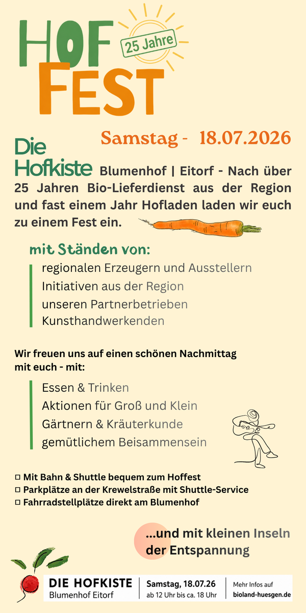 KI generiert: Einladung zum Hoffest am 18.07.2026 mit Ständen, Essen, Trinken und Aktionen auf dem Blumenhof in Eitorf.