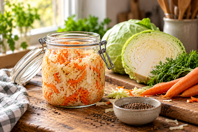 Fermentiertes Gemüse im Glas mit Weißkohl, Möhren und Gewürzen auf einem rustikalen Holztisch. Im Hintergrund liegen frischer Kohl und Gemüse als Ausgangszutaten für die Fermentation.