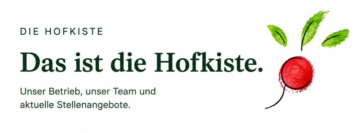 KI generiert: Werbebanner für "Die Hofkiste" mit Text über den Betrieb, das Team und Stellenangebote.