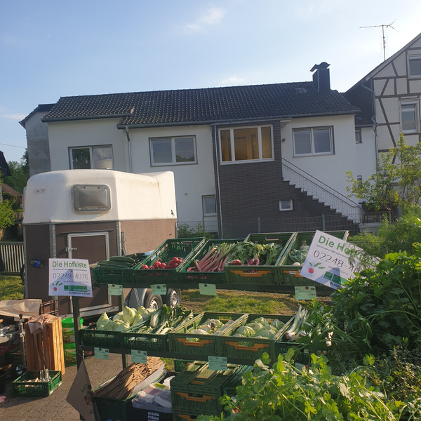 KI generiert: Ein Marktstand mit frischem Gemüse vor einem Gebäude. Text: "Die Hofkiste 02248 4016".