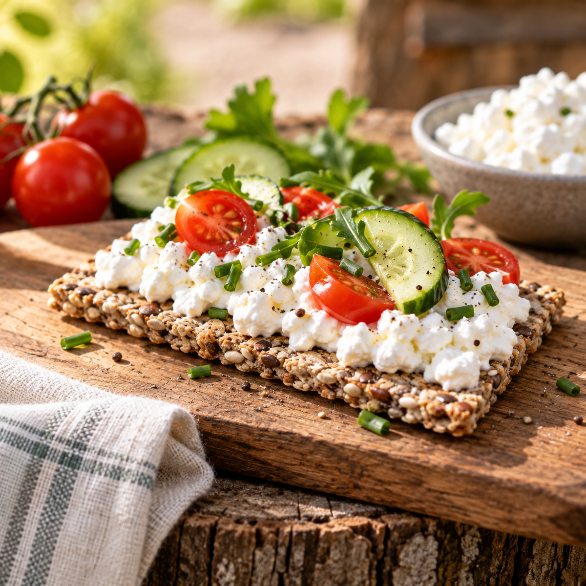 Körniger Frischkäse auf Knäckebrot mit Tomaten, Gurke, Schnittlauch und Rucola.