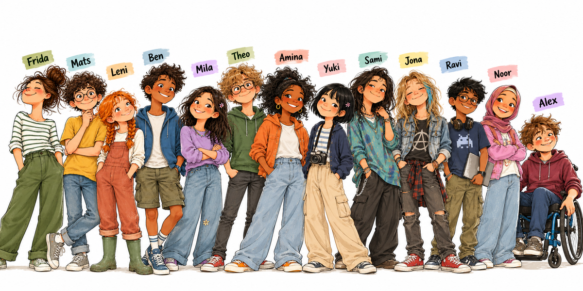 KI-generierte Beschreibung: Gruppe von Kindern mit Namen, Illustration.