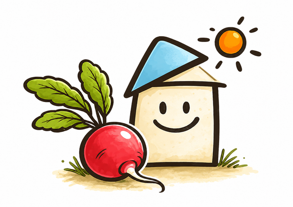 KI generiert: Ein lächelndes Haus, eine Radieschen-Illustration und eine Sonne darüber.