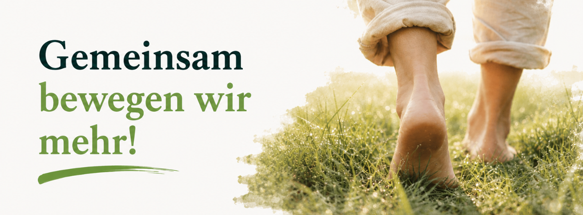 KI generiert: Person läuft barfuß über Gras. Text: "Gemeinsam bewegen wir mehr!"