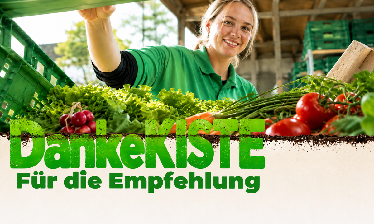 KI generiert: Text: "DIE HOFKISTE" mit Tomaten im Hintergrund und einem stilisierten Logo links.