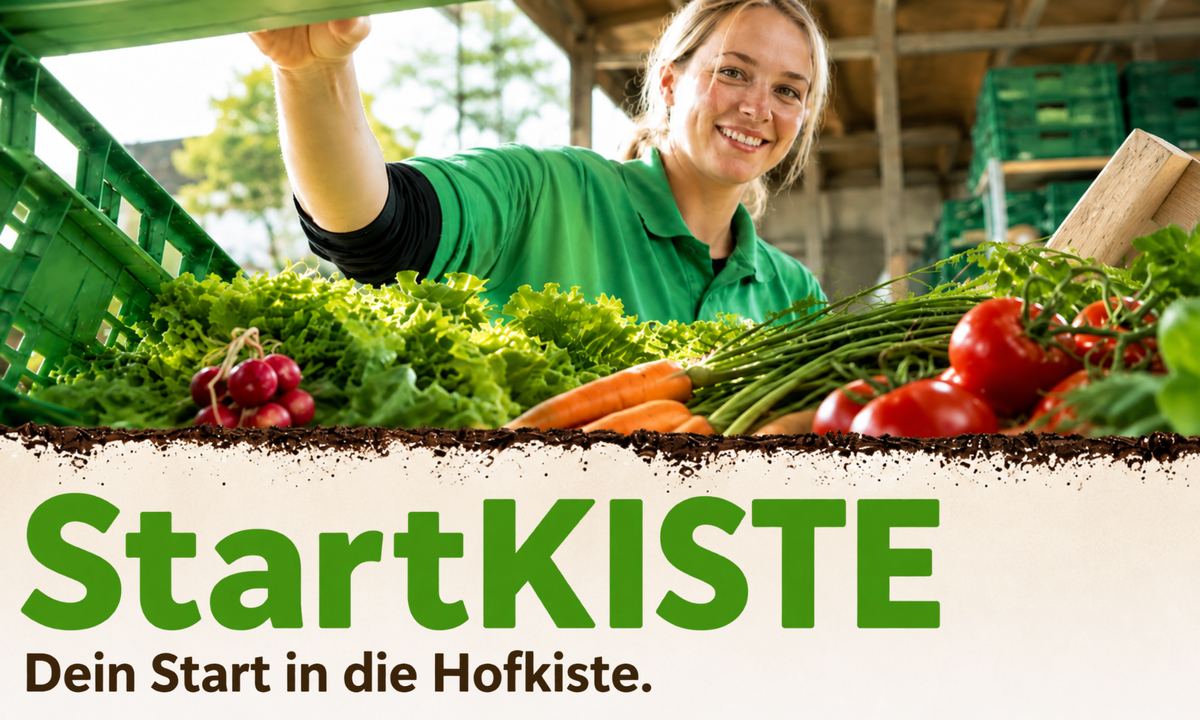 KI generiert: Ein Hund sitzt vor einem Tisch mit Gemüse. Text: "KONTAKT DIE HOFKISTE".