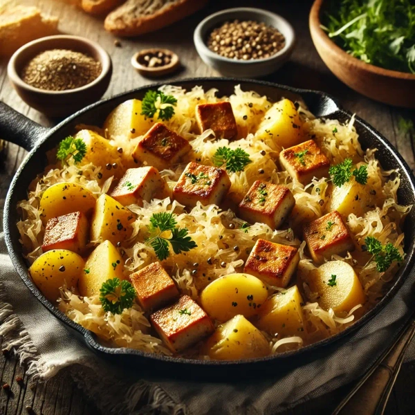 KI generiert: Das Bild zeigt eine Pfanne mit einem Gericht aus Sauerkraut, Kartoffeln und gebratenen Tofu-Würfeln, dekoriert mit frischen Kräutern. Im Hintergrund sind Gewürze und Brot zu sehen.