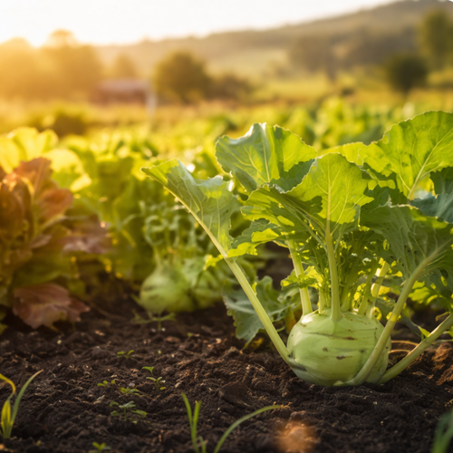 KI generiert: Kolrabipflanzen wachsen auf einem sonnigen Feld, umgeben von anderen Gemüsepflanzen.