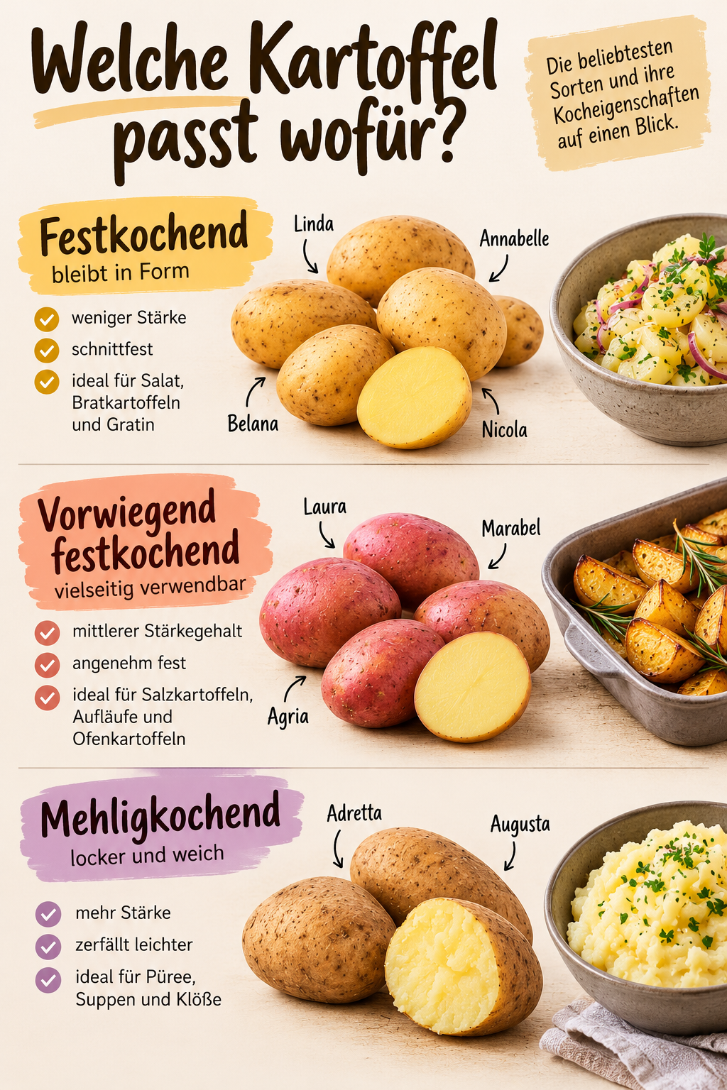 Infografik zu festkochenden, vorwiegend festkochenden und mehligkochenden Kartoffeln mit bekannten Sorten, Kocheigenschaften und passenden Gerichten.