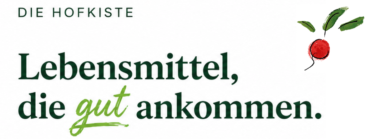 KI generiert: Text: "DIE HOFKISTE Lebensmittel, die gut ankommen." Radieschen-Illustration oben rechts.
