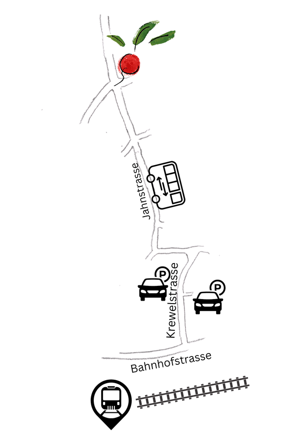 KI generiert: Eine simple Karte mit Straßen und Symbolen für Bus, Parkplatz und Bahnhof. Text: "Jahnstrasse", "Krewelstrasse", "Bahnhofstrasse".